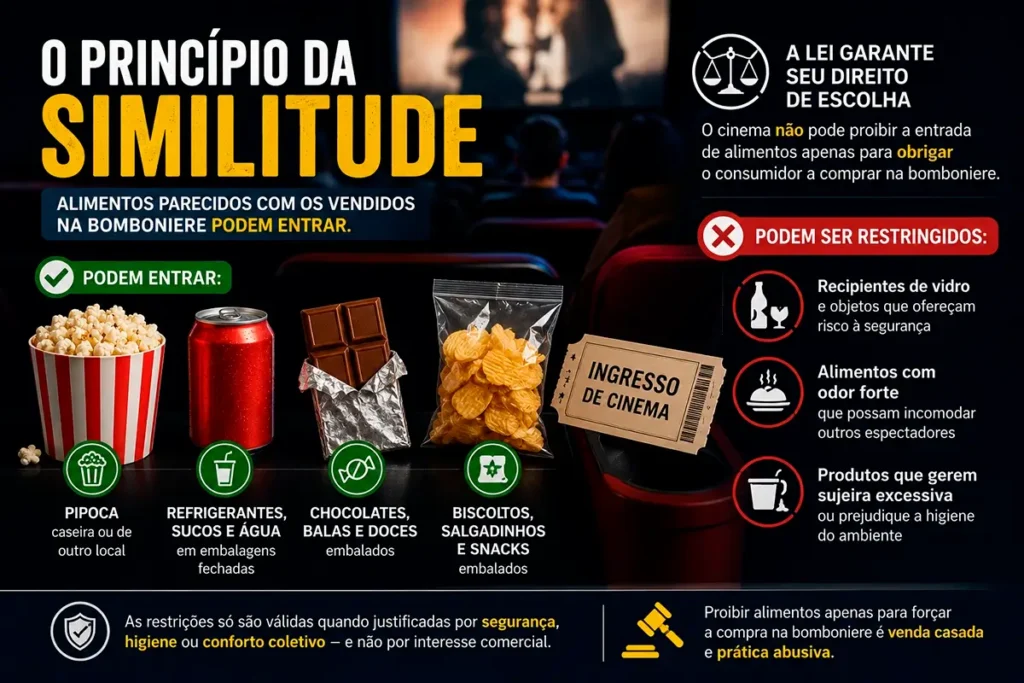 alimentos permitidos no cinema brasil Infográfico sobre o princípio da similitude em cinemas, mostrando alimentos permitidos como pipoca, refrigerante, chocolates e salgadinhos, além das restrições relacionadas à segurança e higiene.