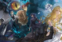 Arte promocional da segunda temporada de Lord of Mysteries mostrando os principais personagens da donghua em um cenário sombrio e místico, cercados por elementos sobrenaturais, energia azul e símbolos enigmáticos.