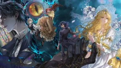 Arte promocional da segunda temporada de Lord of Mysteries mostrando os principais personagens da donghua em um cenário sombrio e místico, cercados por elementos sobrenaturais, energia azul e símbolos enigmáticos.