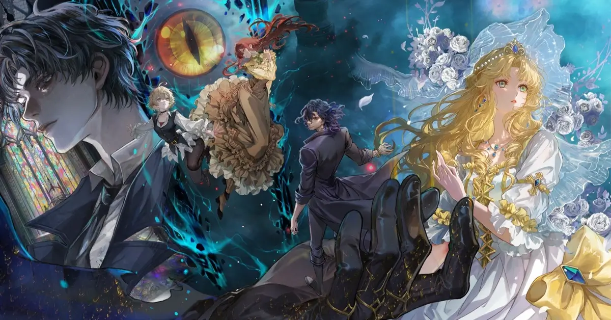 Arte promocional da segunda temporada de Lord of Mysteries mostrando os principais personagens da donghua em um cenário sombrio e místico, cercados por elementos sobrenaturais, energia azul e símbolos enigmáticos.