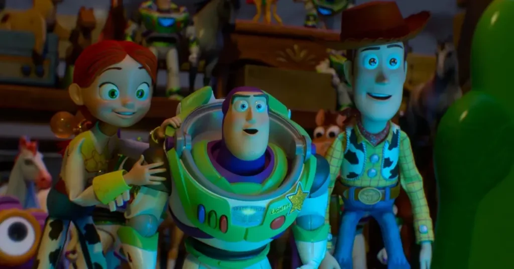 Bilheteria de Toy Story 5: Woody, Buzz Lightyear e Jessie em uma cena de Toy Story 5, filme da Pixar que lidera as bilheterias mundiais em 2026.