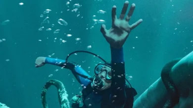 Austin Abrams em cena de Dentro da Baleia (Whalefall), suspense de 2026 sobre um mergulhador preso dentro de uma baleia, com estreia em 15 de outubro de 2026.