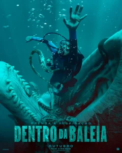 Pôster oficial de Dentro da Baleia (Whalefall), mostrando um mergulhador diante de uma criatura marinha gigante no suspense estrelado por Austin Abrams.