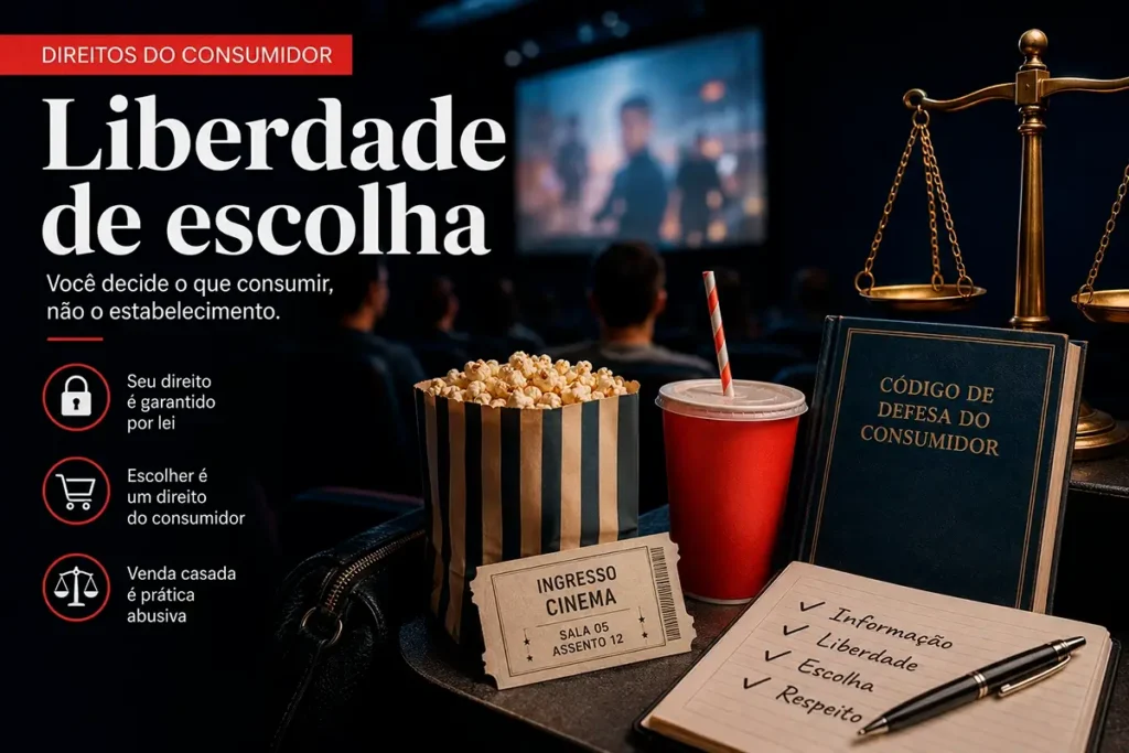 direitos consumidor comida cinema brasil Ilustração editorial sobre os direitos do consumidor em cinemas, mostrando pipoca, refrigerante, ingresso de cinema e o Código de Defesa do Consumidor.