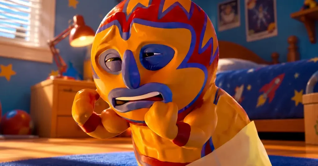 Dr. Nutcase, personagem em forma de amendoim de Toy Story 5, aparece assustado em um quarto infantil durante cena da animação da Pixar