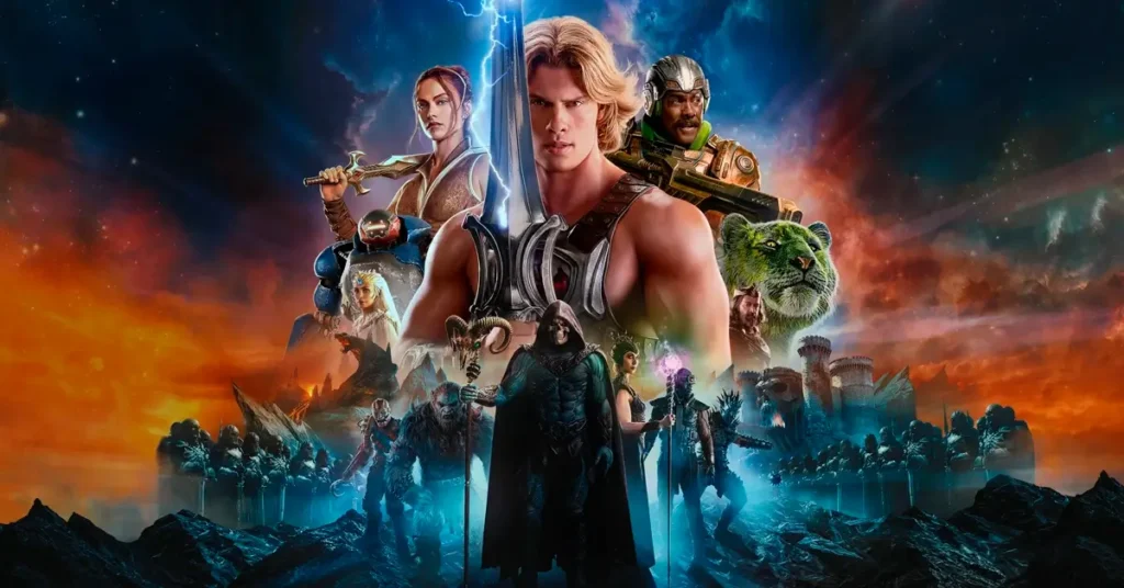 Príncipe Adam, Esqueleto e outros personagens de Mestres do Universo (2026) diante dos cenários de Eternia.