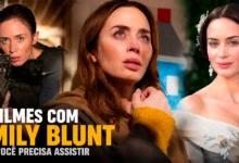 Emily Blunt em cenas dos filmes Sicario: Terra de Ninguém, Dia D e A Jovem Rainha Vitória em montagem promocional sobre sua carreira no cinema