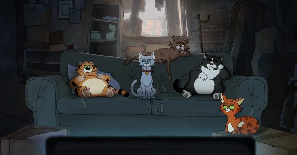 Cena da série animada Gatos de Rua (Alley Cats) mostra cinco gatos sentados em um sofá desgastado enquanto assistem televisão em um ambiente escuro e bagunçado.
