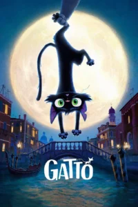 Pôster oficial de Gatto (2027) mostra o gato Nero pendurado de cabeça para baixo diante da lua cheia sobre os canais de Veneza, na nova animação da Pixar dirigida por Enrico Casarosa.