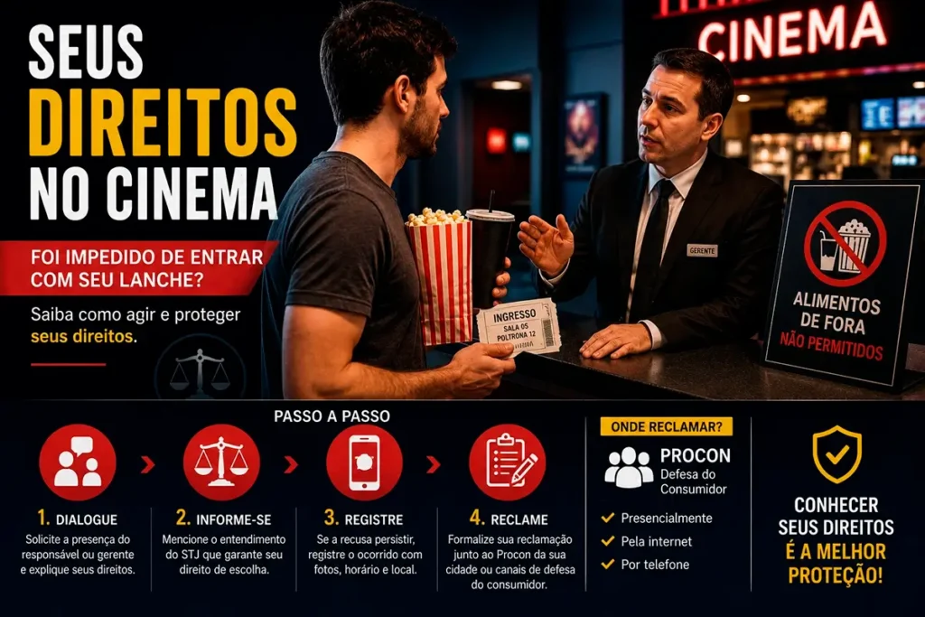 impedido de entrar no cinema Arte editorial mostrando um consumidor conversando com o gerente de um cinema após ser impedido de entrar com alimentos comprados fora do estabelecimento, destacando direitos do consumidor e orientações para registrar reclamações.