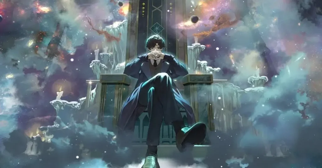 Klein Moretti sentado em um trono místico cercado por estrelas, nuvens e estruturas cósmicas em arte promocional da primeira temporada de Lord of Mysteries