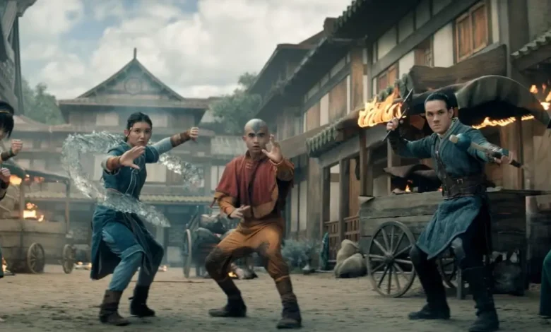 Cena da segunda temporada de Avatar: O Último Mestre do Ar com Aang, Katara, Sokka e aliados em ação, uma das principais estreias da Netflix em junho de 2026.