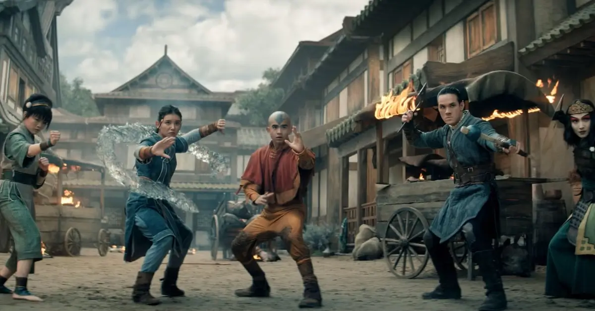 Cena da segunda temporada de Avatar: O Último Mestre do Ar com Aang, Katara, Sokka e aliados em ação, uma das principais estreias da Netflix em junho de 2026.