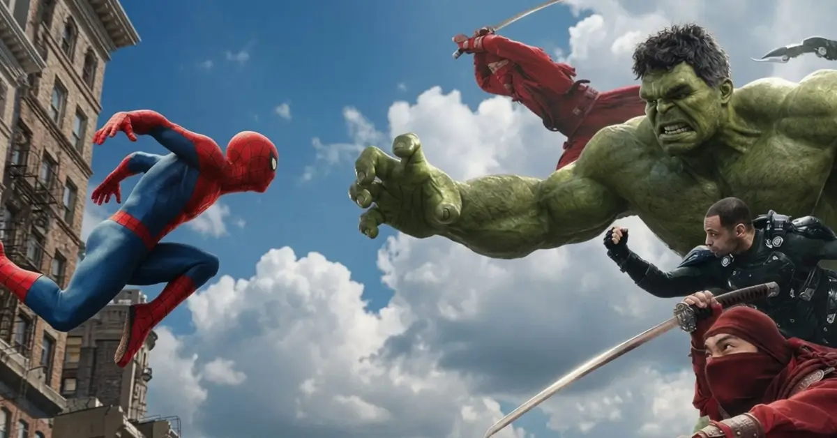 Novo trailer de Homem-Aranha: Um Novo Dia mostra o herói enfrentando Hulk em cena de ação com outros personagens ao fundo em uma batalha urbana.