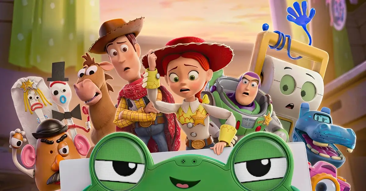 Novos personagens de Toy Story 5 aparecem ao lado de Woody, Jessie, Buzz Lightyear e Bala no Alvo em cena da animação da Pixar