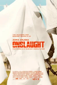 Pôster oficial do Trailer de Onslaught, mostrando uma figura misteriosa escondida entre lençóis em um varal, com Adria Arjona estrelando o filme de ação e terror da A24.