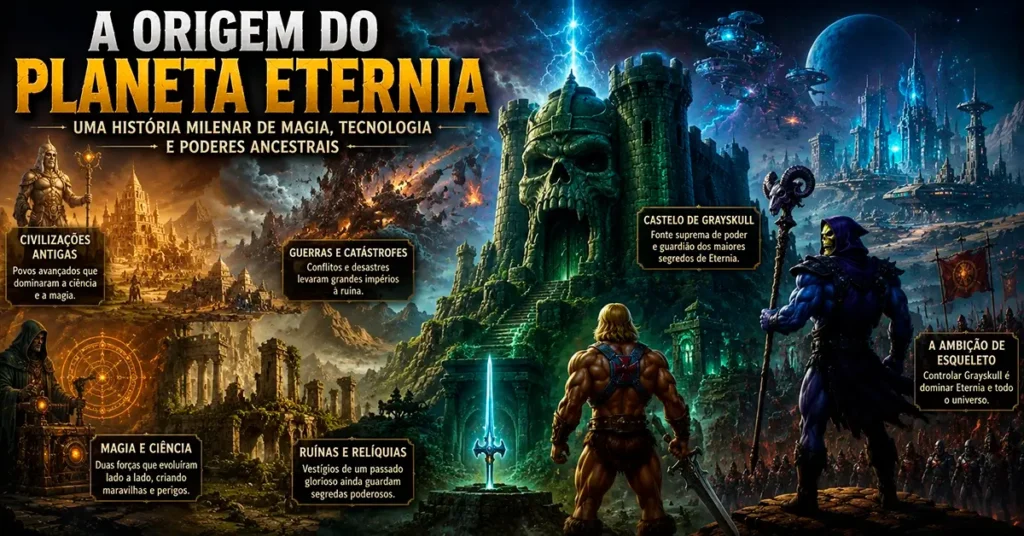 Representação da origem de Eternia mostrando civilizações antigas, ruínas ancestrais, tecnologia avançada, magia e o Castelo de Grayskull ao centro.