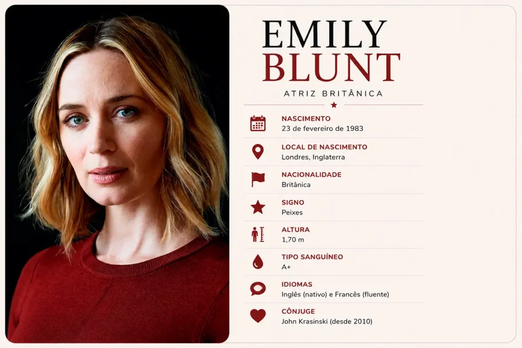 Card biográfico de Emily Blunt com foto da atriz e informações pessoais como nascimento, nacionalidade, idiomas e cônjuge
