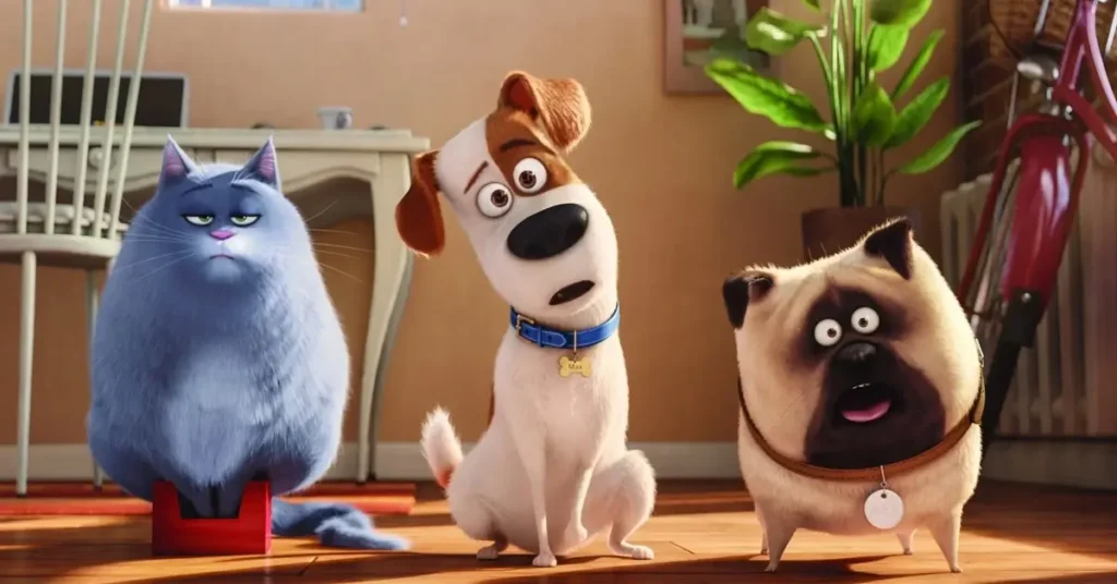 Max, Chloe e Mel, personagens de Pets: A Vida Secreta dos Bichos, em cena do primeiro filme da franquia animada da Illumination.
