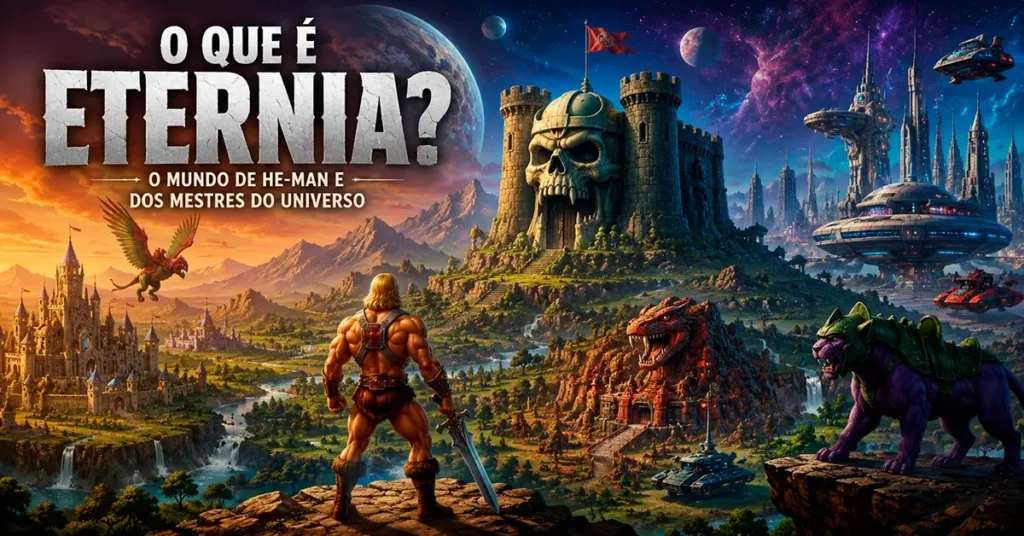 Ilustração do planeta Eternia com o Castelo de Grayskull, cidades futuristas, criaturas fantásticas e elementos de fantasia e ficção científica do universo de He-Man.