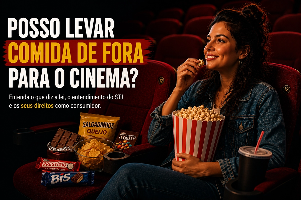posso levar comida para o cinema no brasil Mulher assistindo a um filme no cinema com pipoca, salgadinhos, chocolates e refrigerante. Arte editorial sobre comida para o cinema e os direitos do consumidor em relação à entrada de alimentos externos.