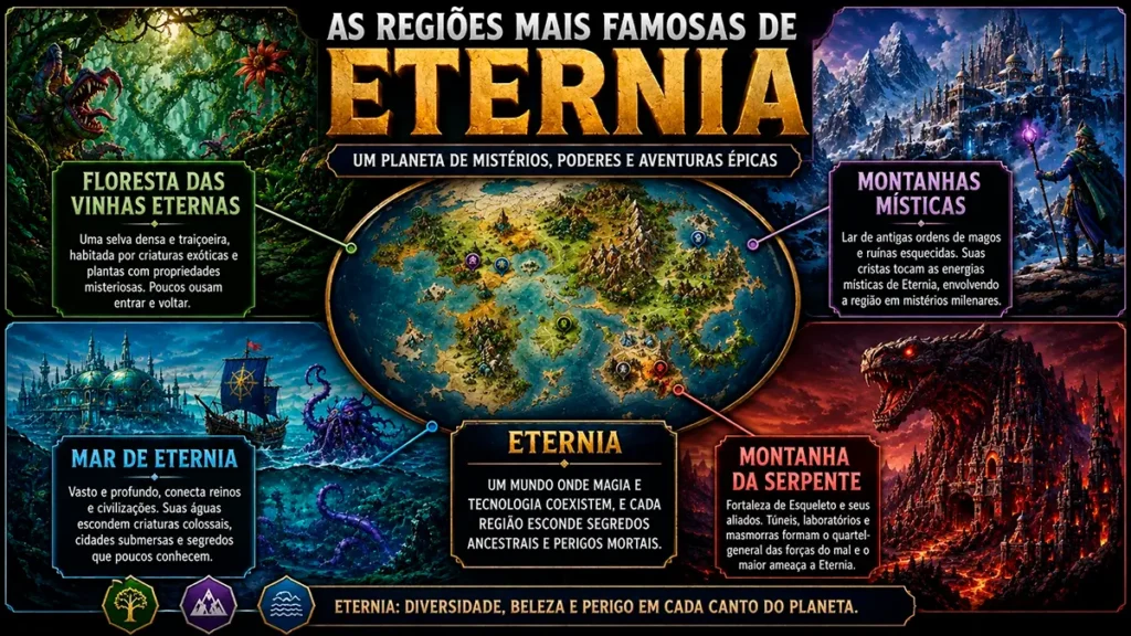 Mapa ilustrado de Eternia destacando a Floresta das Vinhas Eternas, Montanhas Místicas, Mar de Eternia e Montanha da Serpente.