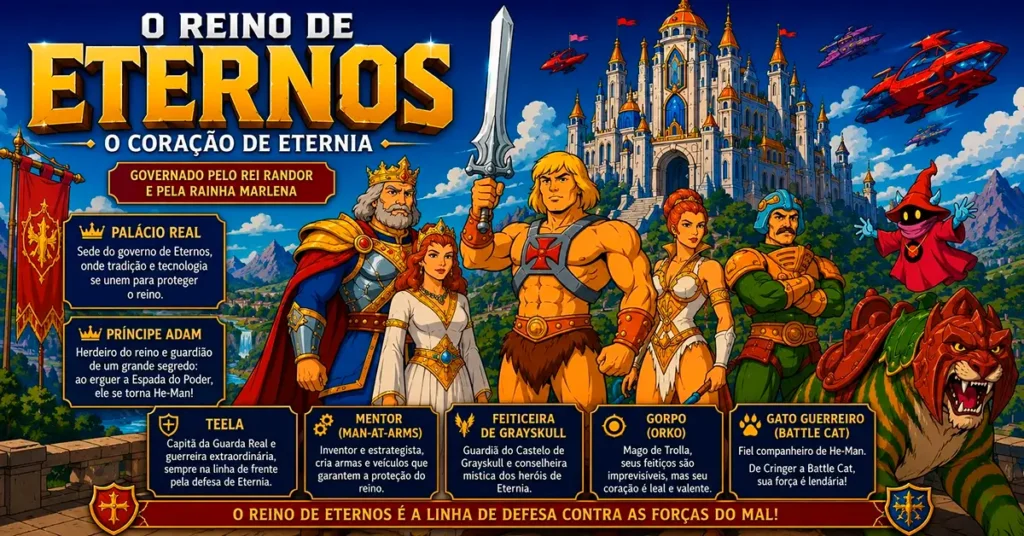 Reino de Eternos com Rei Randor, Rainha Marlena, He-Man, Teela, Mentor, Gorpo e Gato Guerreiro diante do Palácio Real de Eternia.