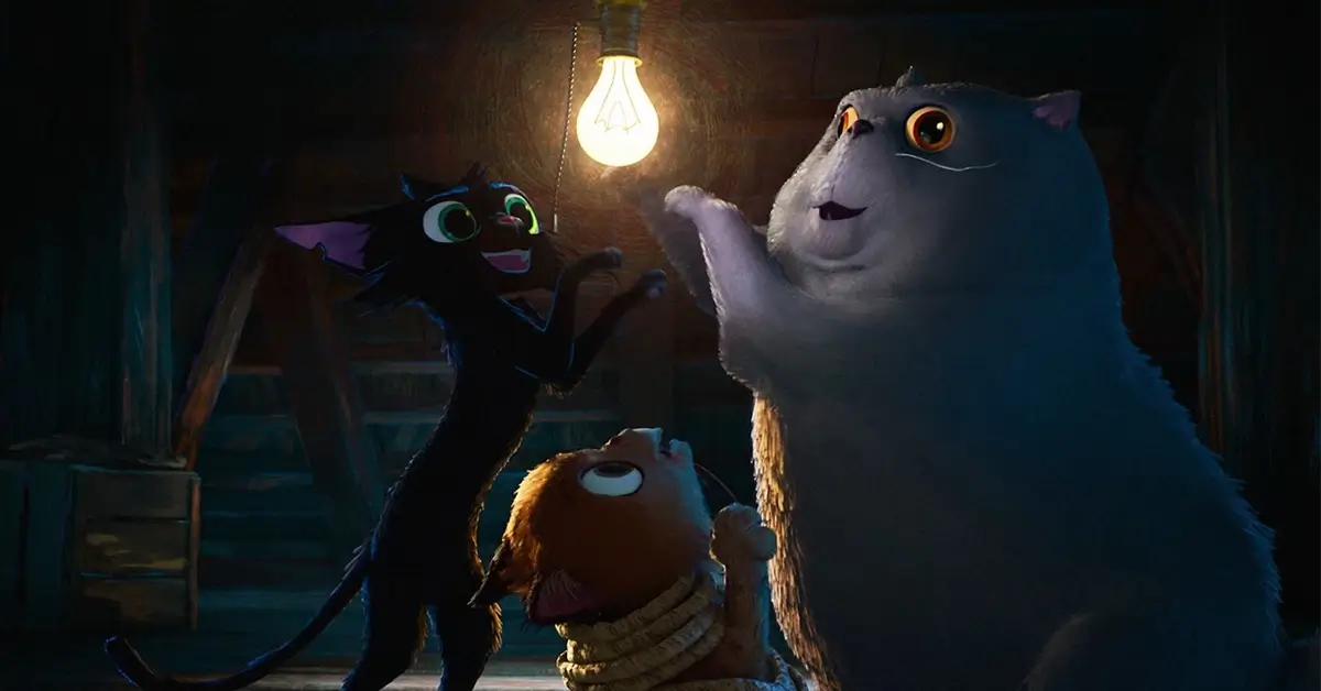 Teaser de Gatto mostra três gatos em um sótão iluminado por uma lâmpada em cena da nova animação da Pixar, Gatto (2027), dirigida por Enrico Casarosa e com estreia prevista para 5 de março de 2027.