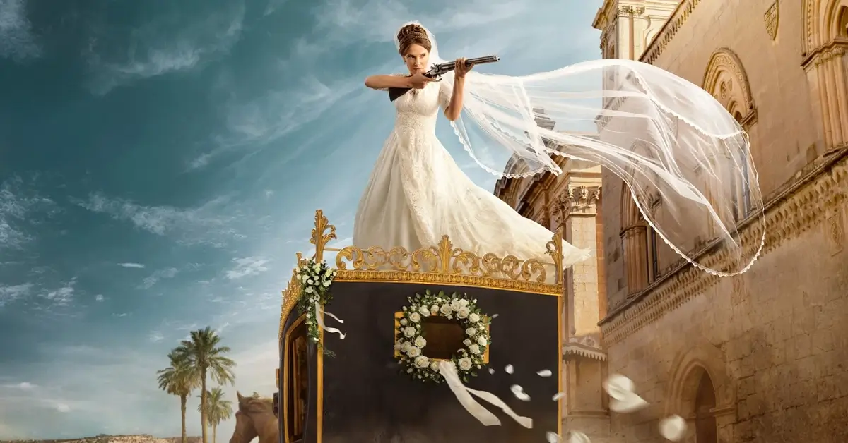 trailer de enola holmes 3 Enola Holmes de vestido de noiva sobre uma carruagem, segurando uma arma, em imagem promocional oficial de Enola Holmes 3.