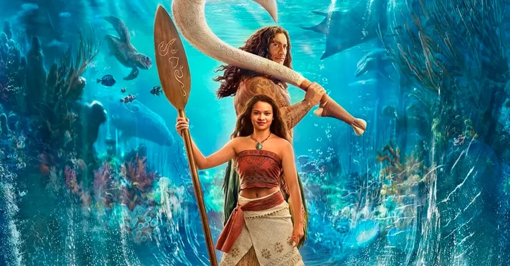trailer final de moana Catherine Laga’aia e Dwayne Johnson como Moana e Maui em cena promocional do Trailer Final de Moana (2026), cercados por criaturas marinhas e paisagens subaquáticas.