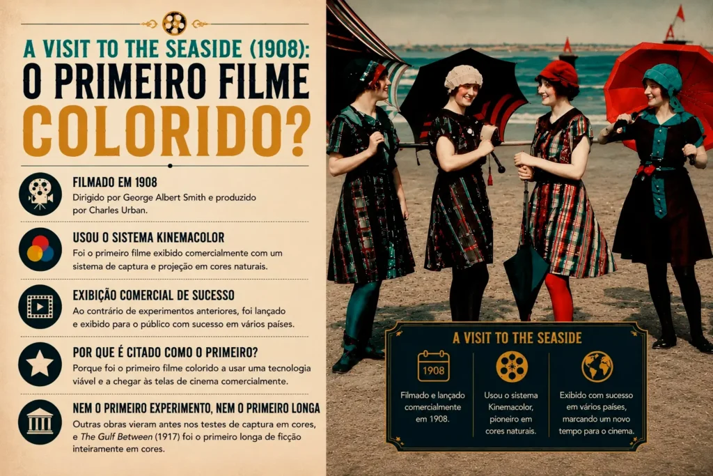 Infográfico sobre A Visit to the Seaside (1908), filme produzido com o sistema Kinemacolor e frequentemente citado como o primeiro filme colorido exibido comercialmente.
