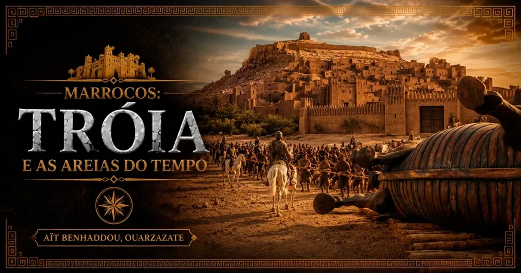 Arte mostrando Aït Benhaddou, em Ouarzazate, no Marrocos, cenário utilizado em A Odisseia.