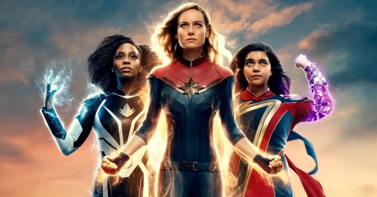 Brie Larson, Teyonah Parris e Iman Vellani em As Marvels, um dos maiores fracassos de bilheteria da Disney e do Universo Cinematográfico Marvel.