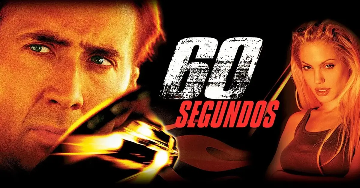 Os carros mais icônicos de 60 Segundos: Eleanor em destaque ao lado do logotipo oficial do filme, Nicolas Cage e Angelina Jolie.