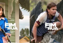 Cartazes dos personagens de “O Fim da Rua” mostrando Anne Hathaway e Ewan McGregor em cenas de suspense do novo filme de ficção científica dirigido por David Robert Mitchell.