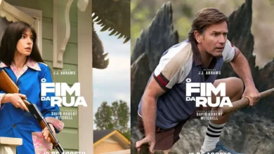 Cartazes dos personagens de “O Fim da Rua” mostrando Anne Hathaway e Ewan McGregor em cenas de suspense do novo filme de ficção científica dirigido por David Robert Mitchell.