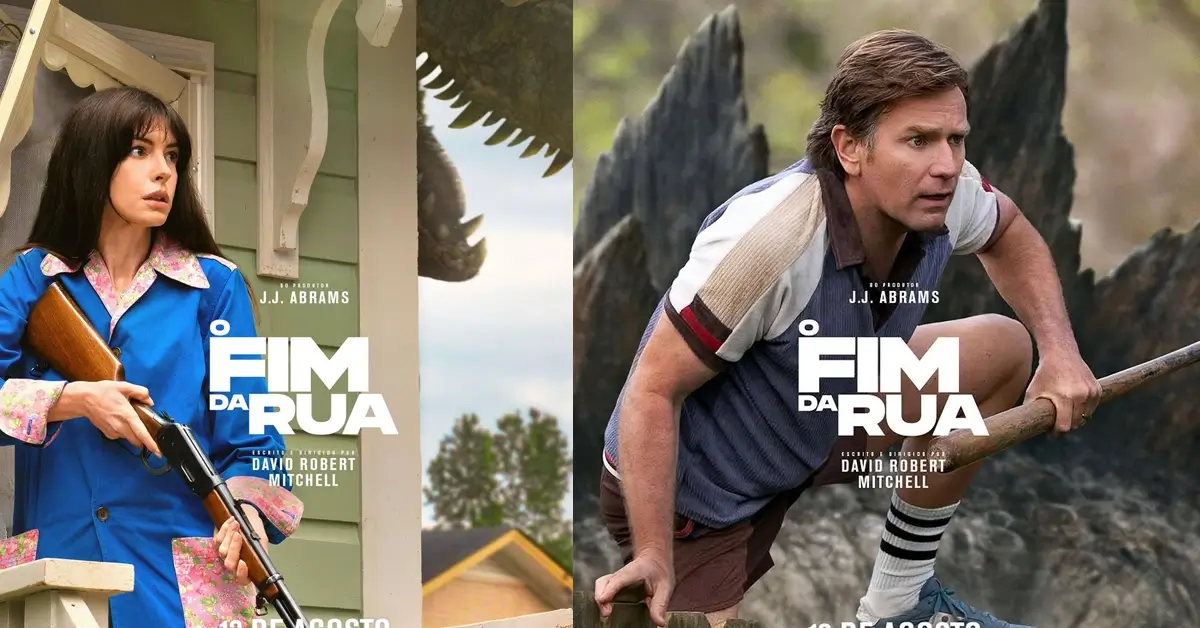 Cartazes dos personagens de “O Fim da Rua” mostrando Anne Hathaway e Ewan McGregor em cenas de suspense do novo filme de ficção científica dirigido por David Robert Mitchell.