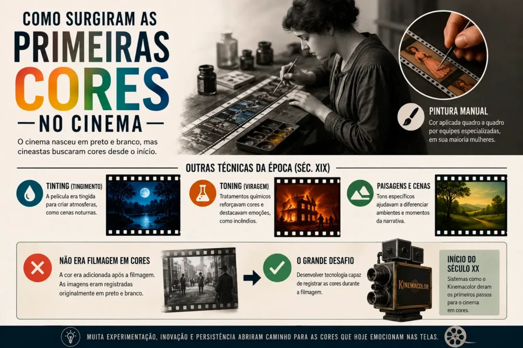 Infográfico mostrando como surgiram as primeiras cores no cinema com pintura manual, tinting, toning e Kinemacolor.