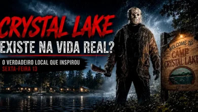 Jason Voorhees em frente ao lago Crystal Lake na arte de destaque que ilustra o cenário real que inspirou a franquia Sexta-Feira 13.