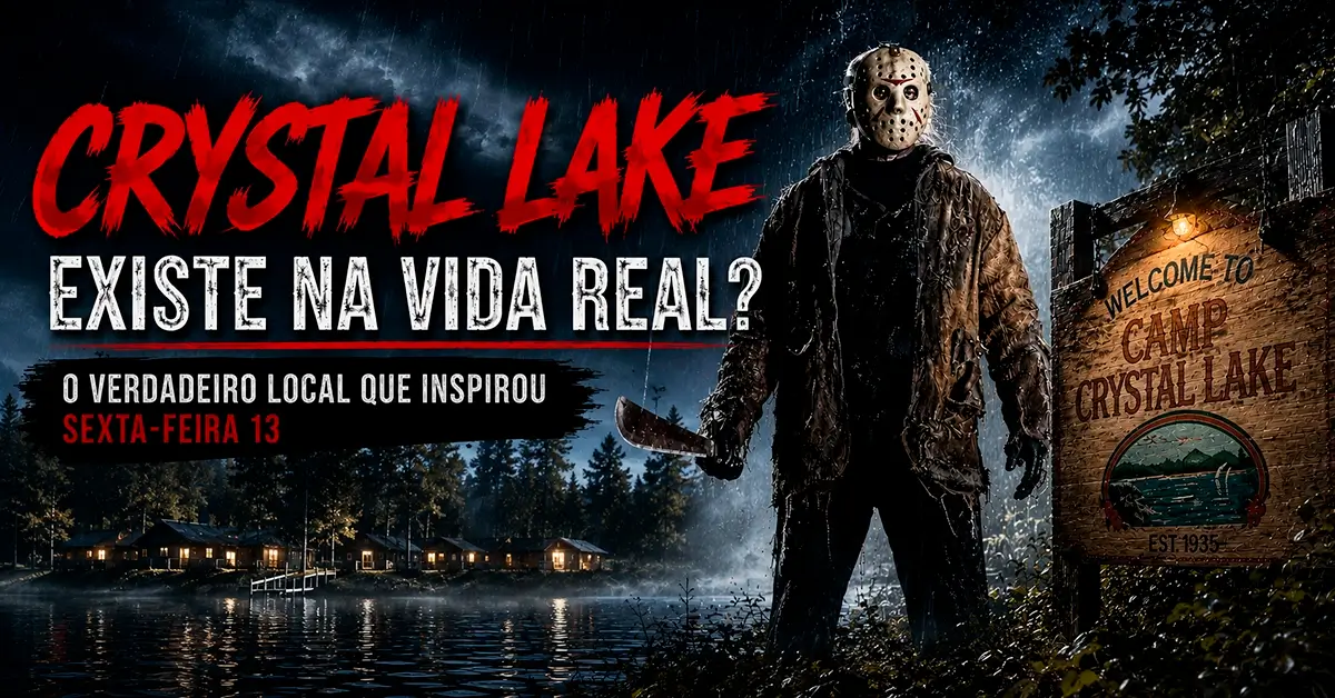 Jason Voorhees em frente ao lago Crystal Lake na arte de destaque que ilustra o cenário real que inspirou a franquia Sexta-Feira 13.