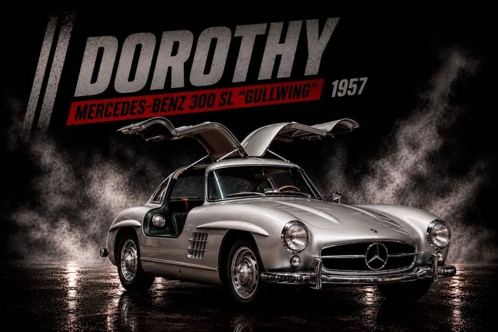 Mercedes-Benz 300 SL Gullwing 1957, Dorothy em 60 Segundos, com portas asa de gaivota.