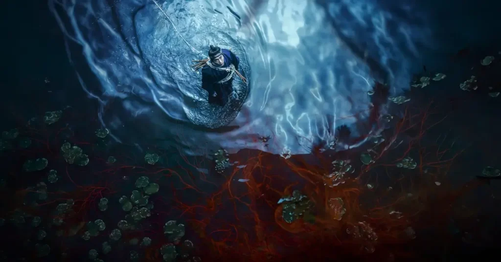Homem atravessa um lago envolto por uma atmosfera sobrenatural em imagem promocional de A Leste do Palácio (Donggung), série sul-coreana da Netflix estrelada por Nam Joo-hyuk.