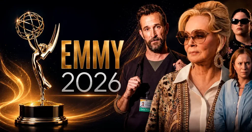 Indicados Emmy 2026: arte promocional reúne o troféu oficial do Emmy 2026 ao lado de personagens de The Pitt e Hacks, destaques entre os indicados à premiação.