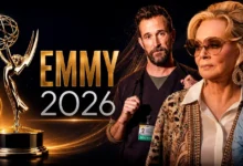Indicados Emmy 2026: arte promocional reúne o troféu oficial do Emmy 2026 ao lado de personagens de The Pitt e Hacks, destaques entre os indicados à premiação.