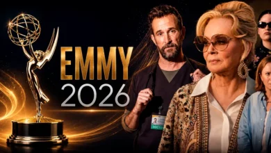 Indicados Emmy 2026: arte promocional reúne o troféu oficial do Emmy 2026 ao lado de personagens de The Pitt e Hacks, destaques entre os indicados à premiação.