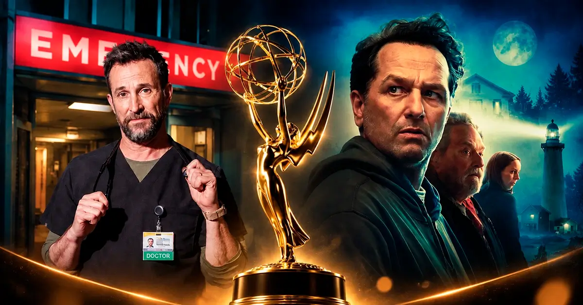 Emmy 2026 com Noah Wyle e Matthew Rhys e troféu central da premiação