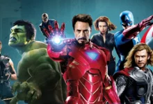 Homem de Ferro, Hulk, Thor, Capitão América, Viúva Negra, Gavião Arqueiro e Nick Fury em montagem da Fase 1 do MCU, período que iniciou o Universo Cinematográfico Marvel entre 2008 e 2012.
