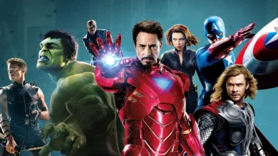 Homem de Ferro, Hulk, Thor, Capitão América, Viúva Negra, Gavião Arqueiro e Nick Fury em montagem da Fase 1 do MCU, período que iniciou o Universo Cinematográfico Marvel entre 2008 e 2012.