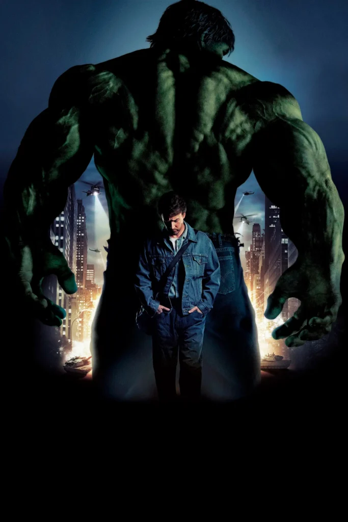 Bruce Banner e o Hulk em arte promocional de O Incrível Hulk (2008), segundo filme da Fase 1 do MCU.