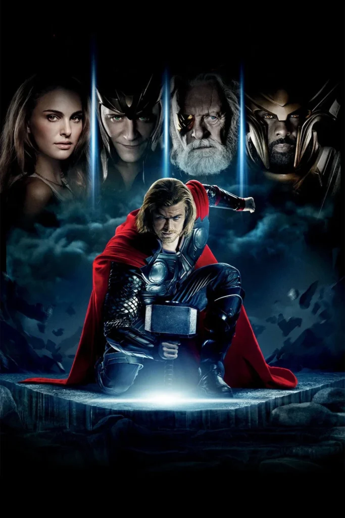 Thor empunhando o Mjolnir ao lado de Jane Foster, Loki, Odin e Heimdall em arte promocional do filme Thor (2011), integrante da Fase 1 do MCU.